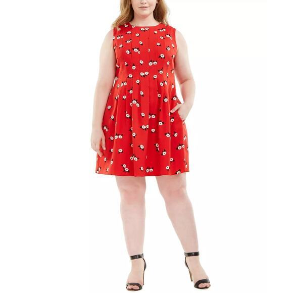 New! Anne Klein Plus Size‎ Chatterly Rose Printed Fit Flare Dress Red, 18W